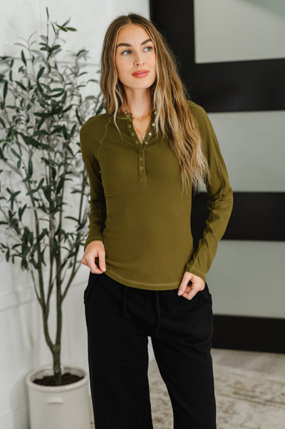 Effortless Edge Knit Henley Top in Camo Green-Womens-Authentically Radd Women's Online Boutique in Endwell, New York