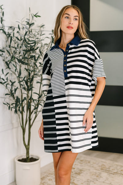 Everlasting Love Striped Collared Dress in Black and Navy-Womens-Authentically Radd Women's Online Boutique in Endwell, New York
