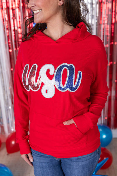 Corrine Hoodie - Red USA Sequin-clothing-Authentically Radd Women's Online Boutique in Endwell, New York