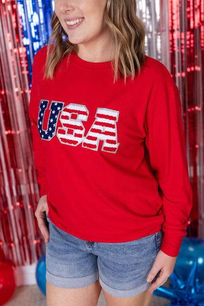 Corrine Pullover Top - Red USA Flag-Pullover-Authentically Radd Women's Online Boutique in Endwell, New York