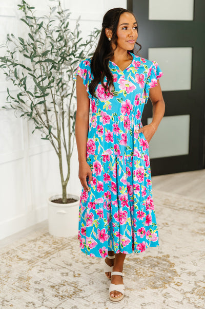 Fleurget Me Not Tiered Flutter Sleeve Dress in Aqua-Womens-Authentically Radd Women's Online Boutique in Endwell, New York