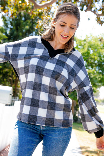 Black Plaid Hacci V Neck Color Block Knit Top-Authentically Radd Women's Online Boutique in Endwell, New York