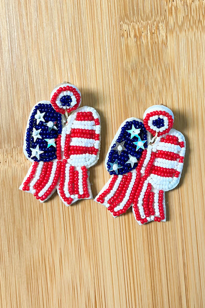 Stars & Stripes Bow Beaded Earrings-2024 Summer Blow Out Sale-Authentically Radd Women's Online Boutique in Endwell, New York