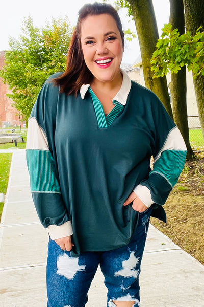 Falling For You Hunter Green Color Block Collared French Terry Top-Authentically Radd Women's Online Boutique in Endwell, New York