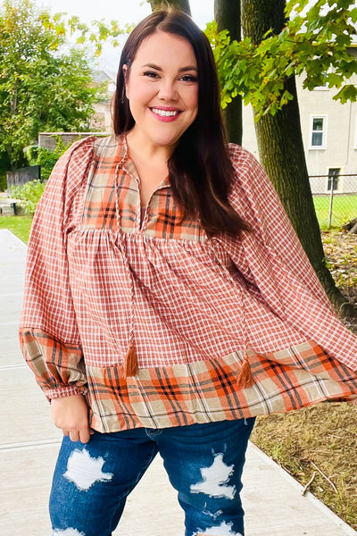 Under Your Spell Rust Plaid Color Block Notch Neck Top-Authentically Radd Women's Online Boutique in Endwell, New York