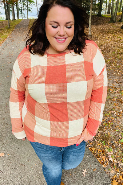 Rust Checker Plaid French Terry Top-Authentically Radd Women's Online Boutique in Endwell, New York