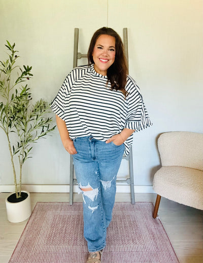 Candy Stripe Pullover in Navy & White-Authentically Radd Women's Online Boutique in Endwell, New York