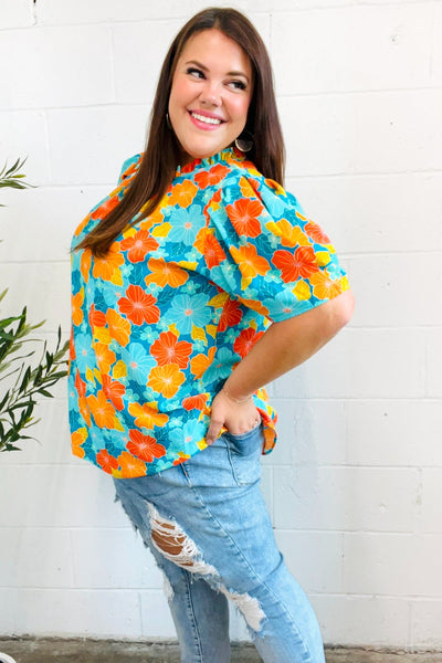 Vacay Ready Blue & Orange Floral Frill Mock Neck Top-2024 Summer Blow Out Sale-Authentically Radd Women's Online Boutique in Endwell, New York