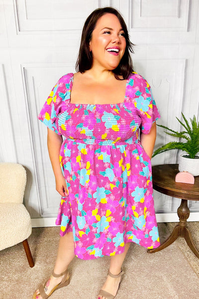 Vacay Vibes Fuchsia Floral Print Fit & Flare Smocked Dress-Authentically Radd Women's Online Boutique in Endwell, New York