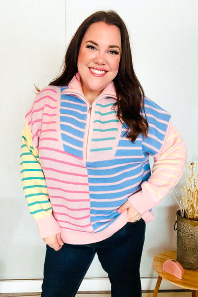 Perfectly Poised Blush & Blue Stripe Half Zip Up Oversized Sweater-Authentically Radd Women's Online Boutique in Endwell, New York