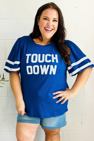 Stand Out Blue "TOUCHDOWN" Sequin Bubble Sleeve Game Day Top-Authentically Radd Women's Online Boutique in Endwell, New York