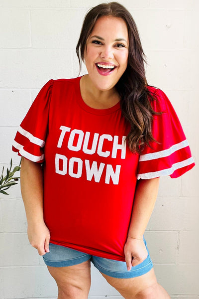 Stand Out Red "TOUCHDOWN" Sequin Bubble Sleeve Game Day Top-Authentically Radd Women's Online Boutique in Endwell, New York