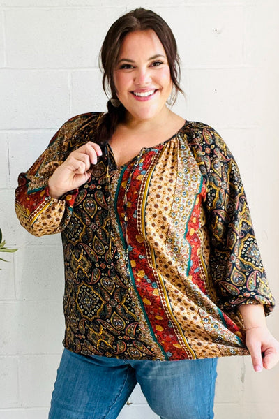 Weekend Ready Black & Rust Paisley Raglan Keyhole Tie Top-Authentically Radd Women's Online Boutique in Endwell, New York