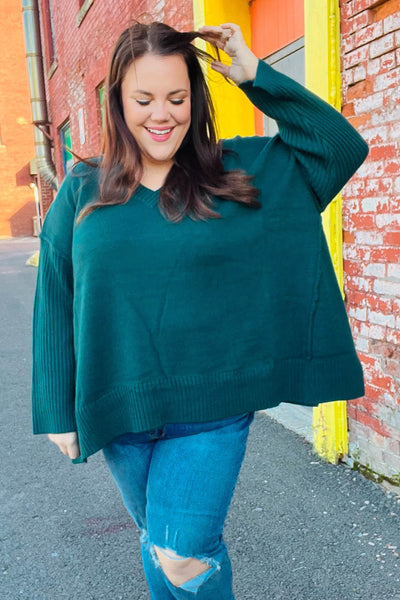 🌿 Slouchy Luxe V-Neck Sweater in Hunter-2024 Blow-Out Sale-Authentically Radd Women's Online Boutique in Endwell, New York