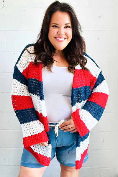 Simply Patriotic Red White & Blue Striped Crochet Cardigan-Authentically Radd Women's Online Boutique in Endwell, New York
