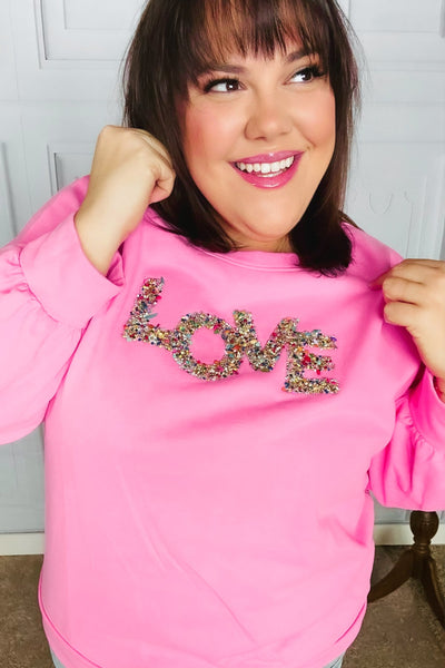 Pink "LOVE" Jewel Beaded Patch Pullover Top-Authentically Radd Women's Online Boutique in Endwell, New York