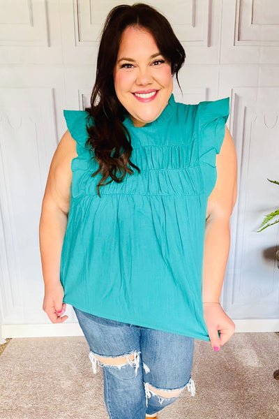 Love Life Cotton Turquoise Frill Mock Neck Flutter Sleeve Top-Authentically Radd Women's Online Boutique in Endwell, New York