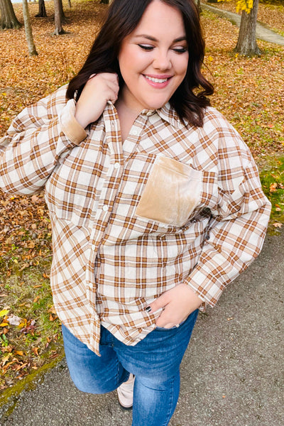 Eyes On You Taupe Plaid Velvetp Pocket Button Down To-Authentically Radd Women's Online Boutique in Endwell, New York