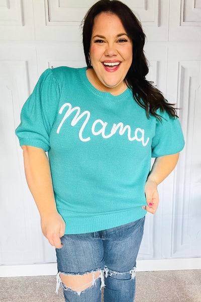 Take A Bow Mint "Mama" Embroidery Pop-Up Puff Sleeve Sweater Top-Authentically Radd Women's Online Boutique in Endwell, New York