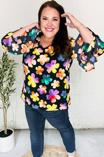 Be Bold Black Floral Hi-Lo Ruffle Sleeve Woven Top-Authentically Radd Women's Online Boutique in Endwell, New York