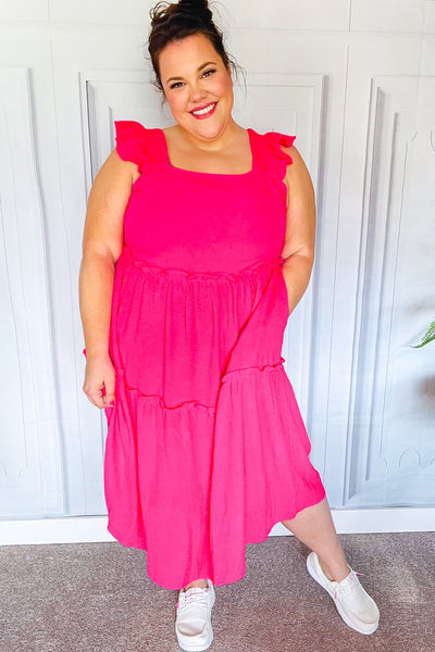 Lots To Love Fuchsia Smocked Flutter Sleeve Tiered Midi Dress-Authentically Radd Women's Online Boutique in Endwell, New York