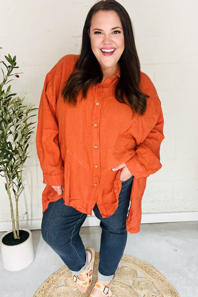 Everyday Rust Button Down Sharkbite Cotton Tunic Top-Authentically Radd Women's Online Boutique in Endwell, New York