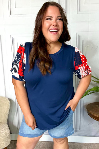 Holiday Stand-Out Navy Patriotic Patchwork Puff Sleeve Top-Authentically Radd Women's Online Boutique in Endwell, New York