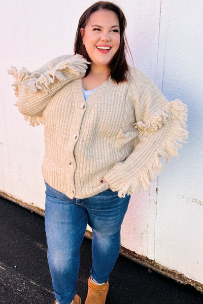 Weekend Ready Oatmeal V Neck Fringe Chunky Cable Cardigan-Authentically Radd Women's Online Boutique in Endwell, New York