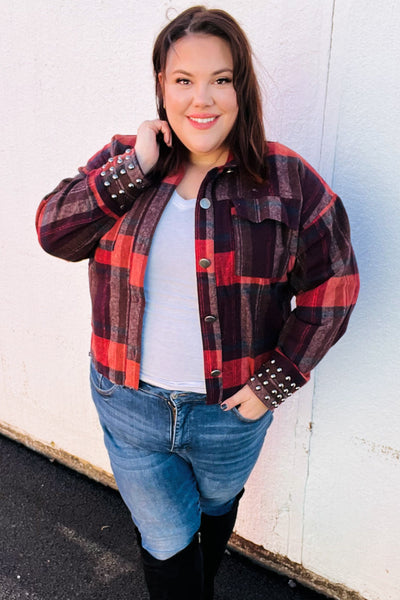 City Streets Burgundy & Rust Plaid Studded Cropped Jacket-Authentically Radd Women's Online Boutique in Endwell, New York