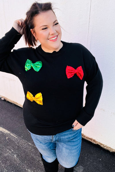 Be Merry Black Multicolor Sequin Bow Knit Sweater-Authentically Radd Women's Online Boutique in Endwell, New York