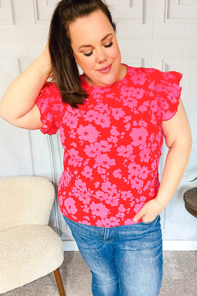 All The Frills Red & Fuchsia Floral Smocked Ruffle Sleeve Top-Authentically Radd Women's Online Boutique in Endwell, New York