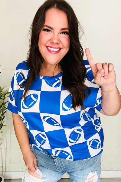 Turn Up The Volume Blue Football Checker Print Top-Authentically Radd Women's Online Boutique in Endwell, New York