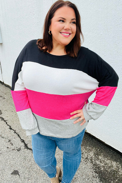 Fuchsia & Black Color Block Hacci Sweater Top-Authentically Radd Women's Online Boutique in Endwell, New York