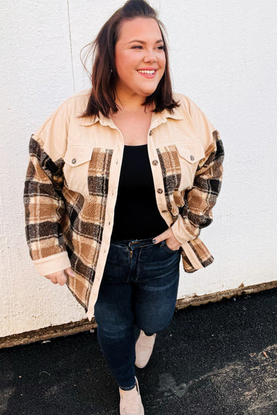 Adorable Taupe Corduroy & Plaid Sherpa Button Jacket-Authentically Radd Women's Online Boutique in Endwell, New York