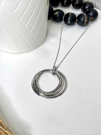 Hammered Metal Tri Circles Pendant Long Necklace in Silver-Accessories-Authentically Radd Women's Online Boutique in Endwell, New York