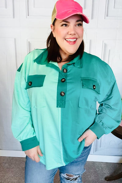 On The Way Up Mint Color Block Button Down Pullover-Authentically Radd Women's Online Boutique in Endwell, New York