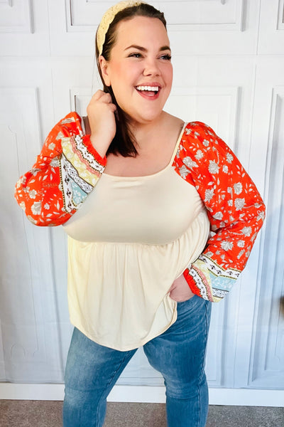 Hello Beautiful Oatmeal & Orange Square Neck Paisley Floral Blouse-Authentically Radd Women's Online Boutique in Endwell, New York