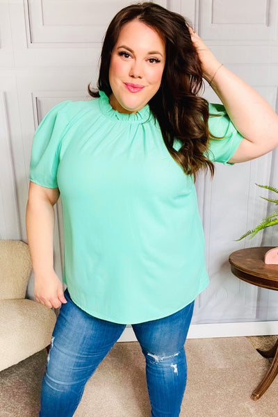 Follow Me Mint Frill Mock Neck Woven Top-Authentically Radd Women's Online Boutique in Endwell, New York