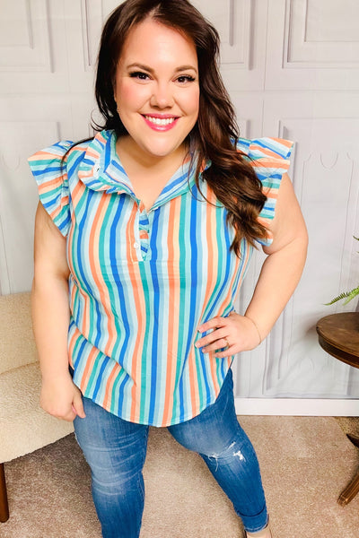 Happy Thoughts Sky Blue Striped Frill Button Down Top-Authentically Radd Women's Online Boutique in Endwell, New York