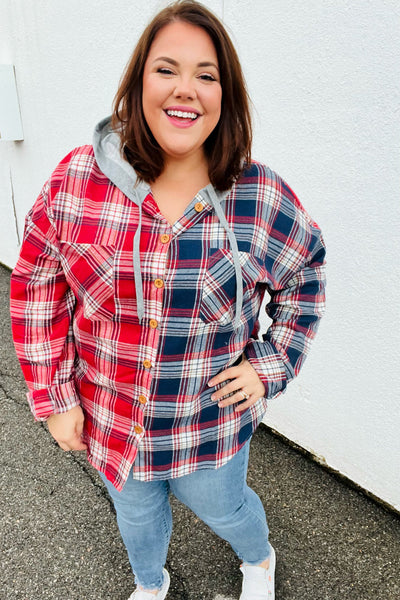 Face the Day Red/Navy Plaid Color Block Hoodie Shacket-Authentically Radd Women's Online Boutique in Endwell, New York