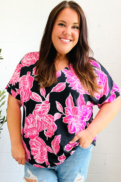 Tropical Vibes Black & Hot Pink Floral V Neck Top-Authentically Radd Women's Online Boutique in Endwell, New York