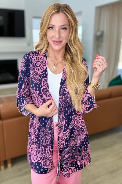 Lizzy Cardigan in Navy and Pink Paisley-Layers-Authentically Radd Women's Online Boutique in Endwell, New York