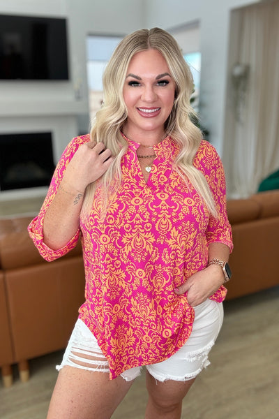 Lizzy Top in Hot Pink and Tangerine Damask-Tops-Authentically Radd Women's Online Boutique in Endwell, New York