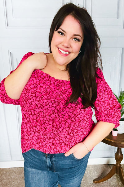 Perfectly You Fuchsia Floral Three Quarter Sleeve Square Neck Top-Authentically Radd Women's Online Boutique in Endwell, New York