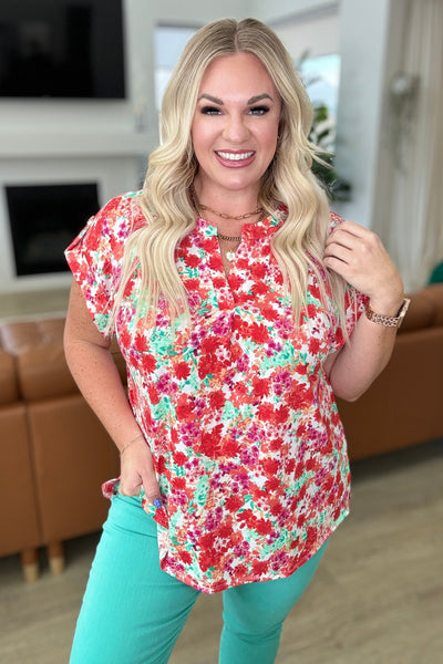 Lizzy Cap Sleeve Top in Ivory and Coral Floral-Tops-Authentically Radd Women's Online Boutique in Endwell, New York