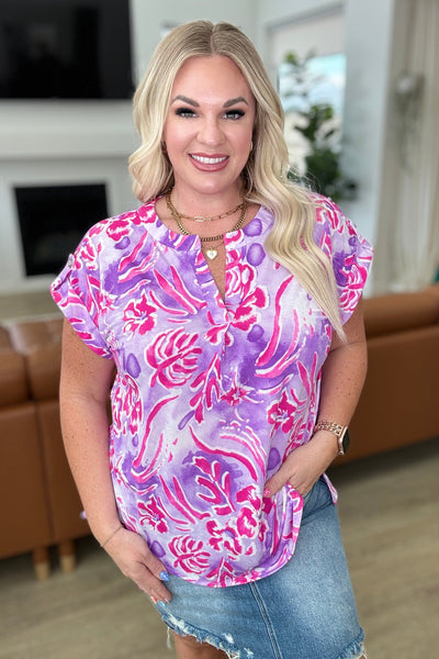 Lizzy Cap Sleeve Top in Purple and Hot Pink Watercolor-Tops-Authentically Radd Women's Online Boutique in Endwell, New York