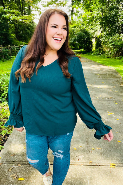 Hello Beautiful Hunter Green Smocked Bubble Sleeve Woven Top-Authentically Radd Women's Online Boutique in Endwell, New York