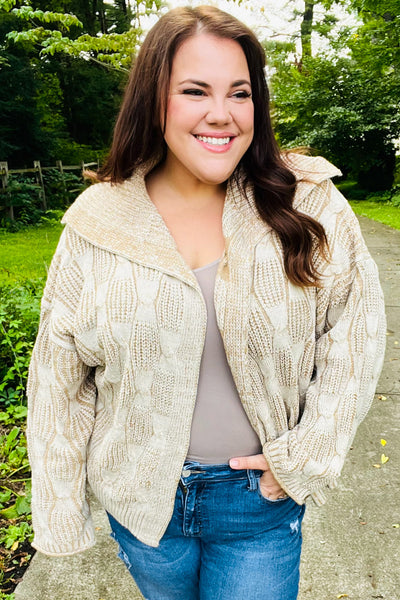 Autumn Vibes Taupe Textured Cable Knit Collared Cardigan-Authentically Radd Women's Online Boutique in Endwell, New York