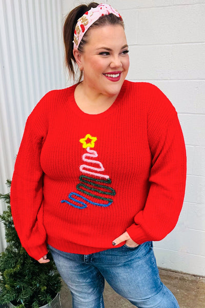 All I Want Red Christmas Tree Lurex Embroidery Sweater-Authentically Radd Women's Online Boutique in Endwell, New York