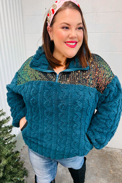 Going With You Teal Sequin & Sherpa Half Zip Pullover-Authentically Radd Women's Online Boutique in Endwell, New York